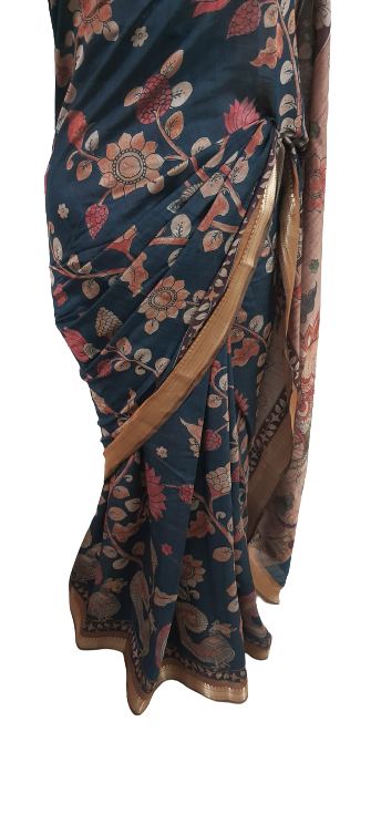 Ink Black Maheshwari Kalamkari Print Soft Silk Saree GKM05