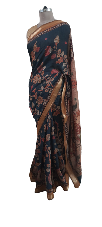 Ink Black Maheshwari Kalamkari Print Soft Silk Saree GKM05