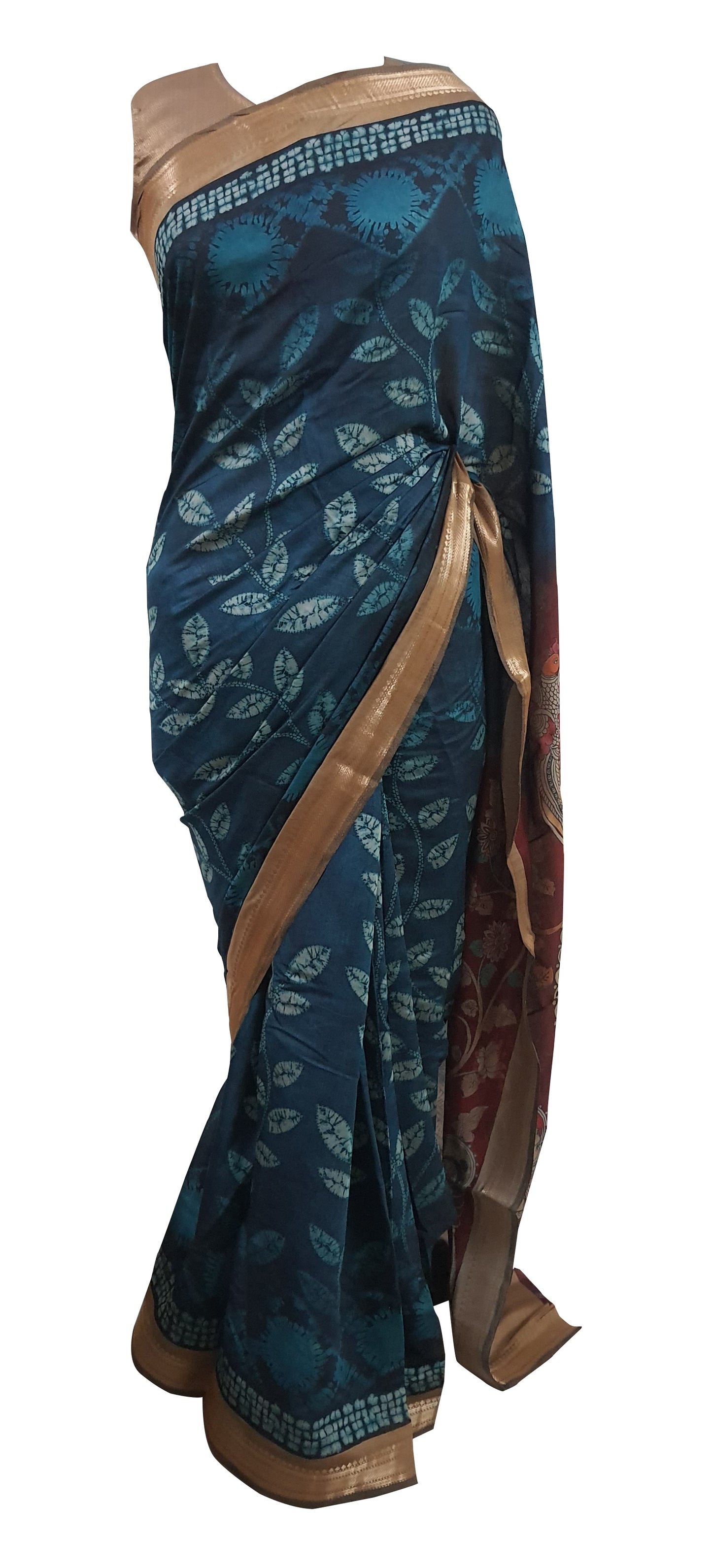 Teal Blue Maheshwari Kalamkari Print Soft Silk Saree GKM06