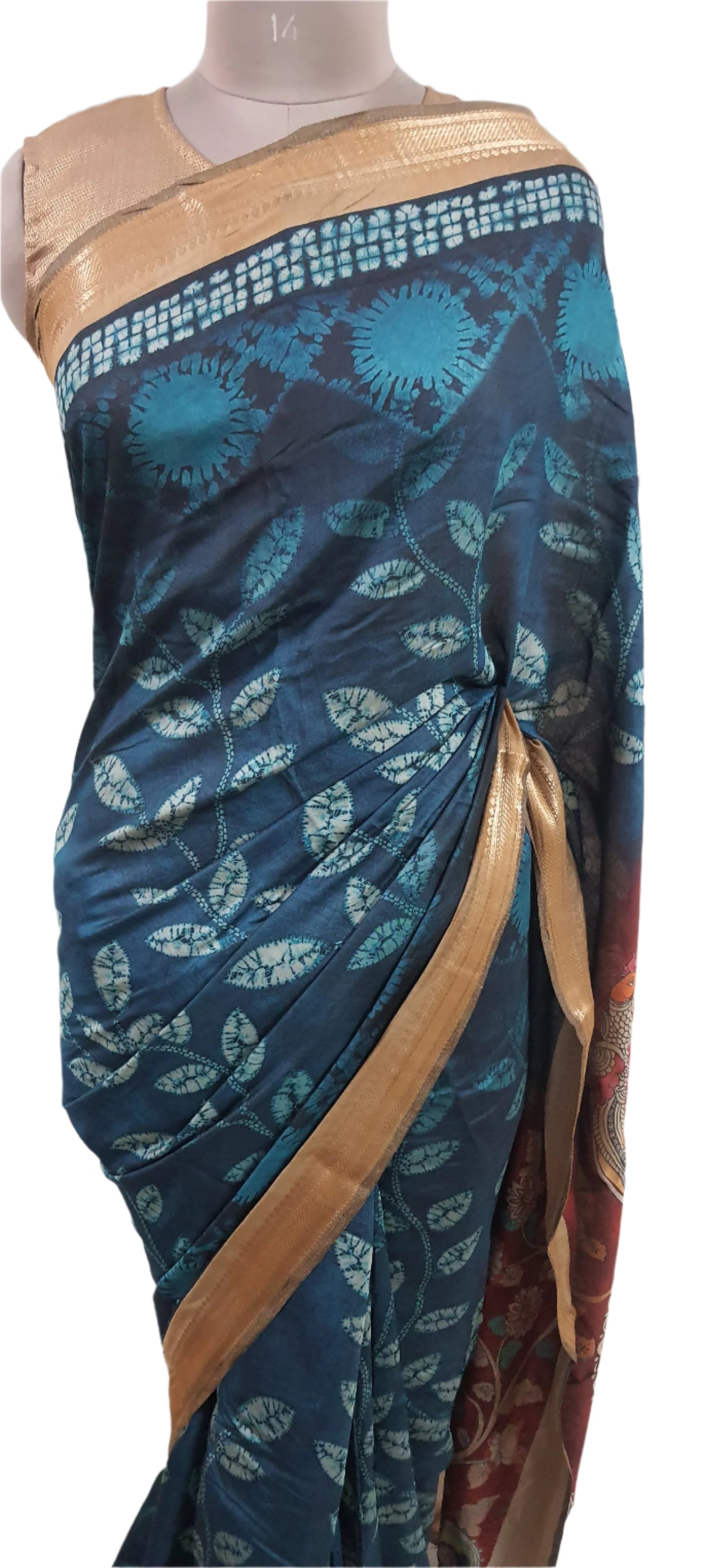 Teal Blue Maheshwari Kalamkari Print Soft Silk Saree GKM06