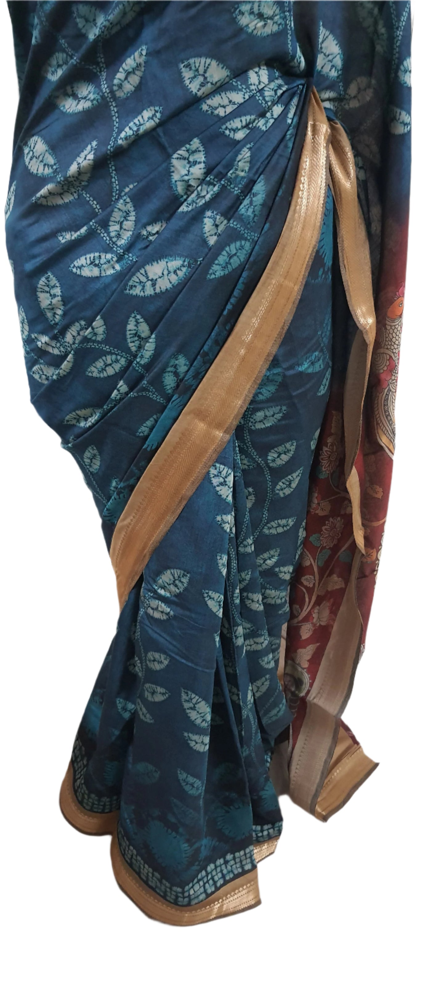 Teal Blue Maheshwari Kalamkari Print Soft Silk Saree GKM06