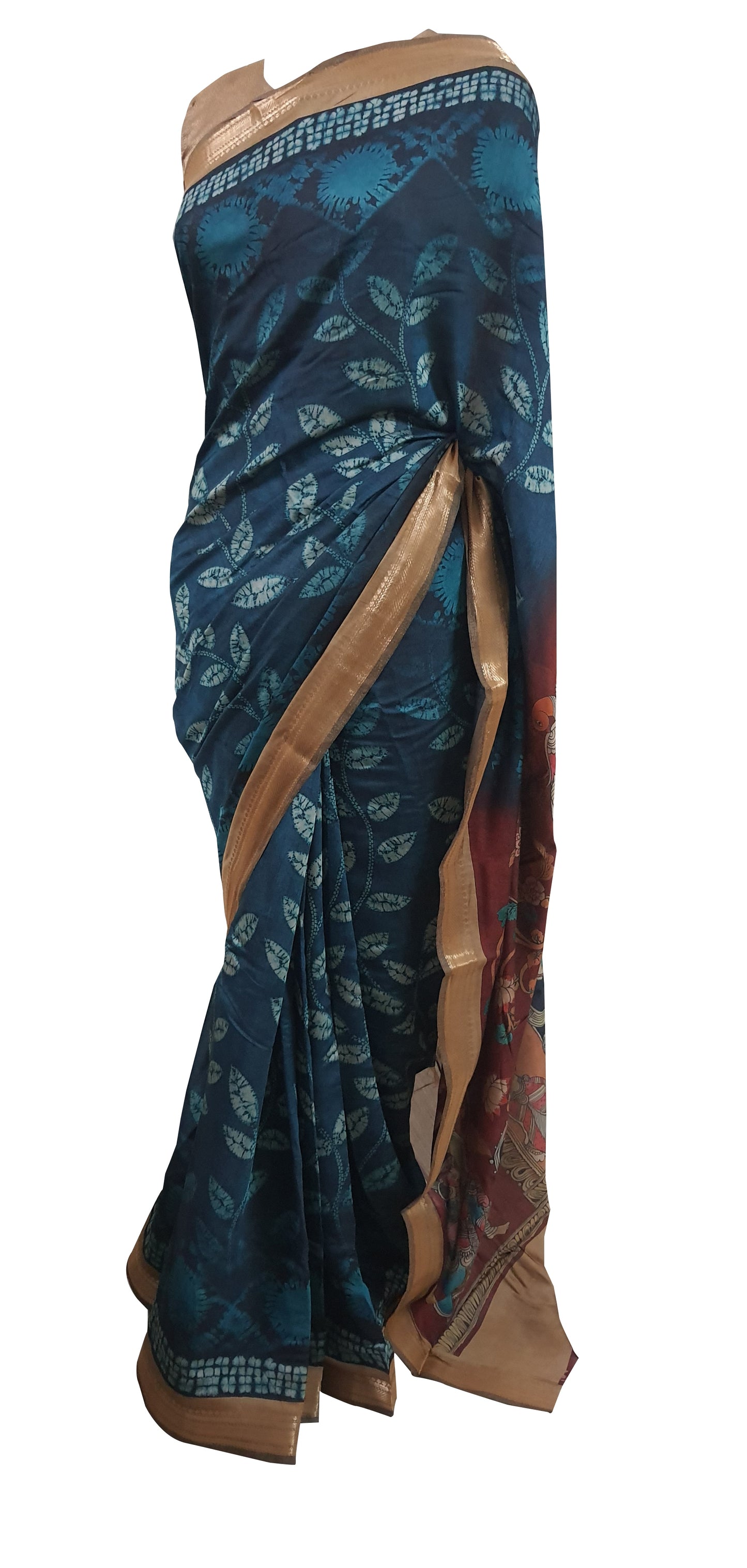 Teal Blue Maheshwari Kalamkari Print Soft Silk Saree GKM06