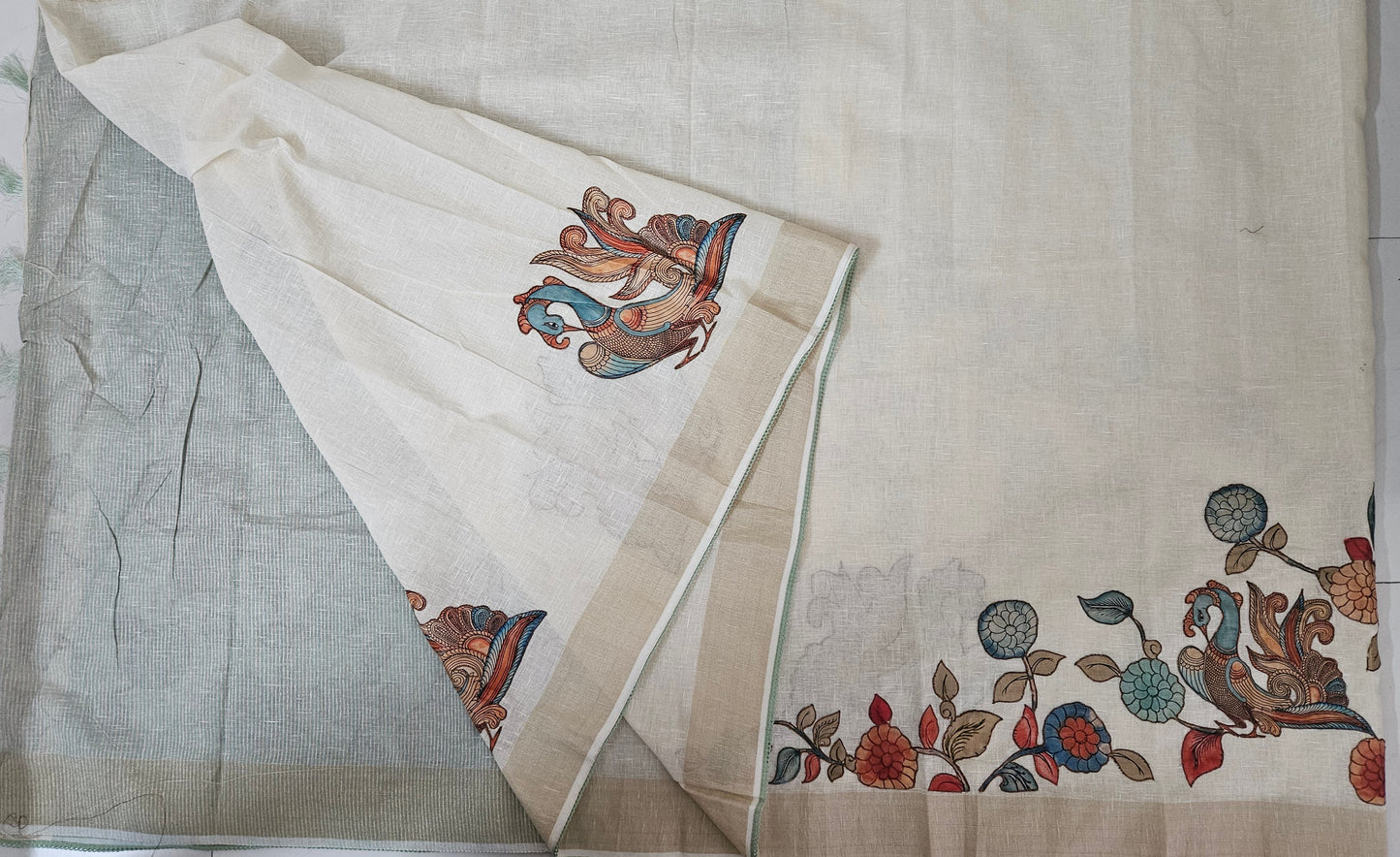 Linen Cotton saree with Original Pen Kalamkari applique work GLK01