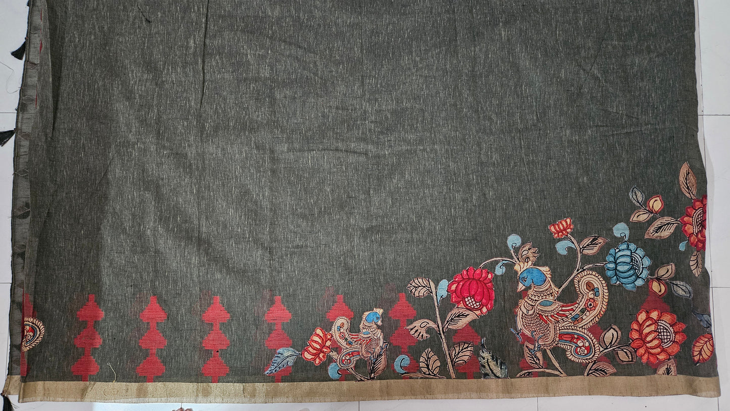 Linen Cotton saree with Original Pen Kalamkari applique work GLK02