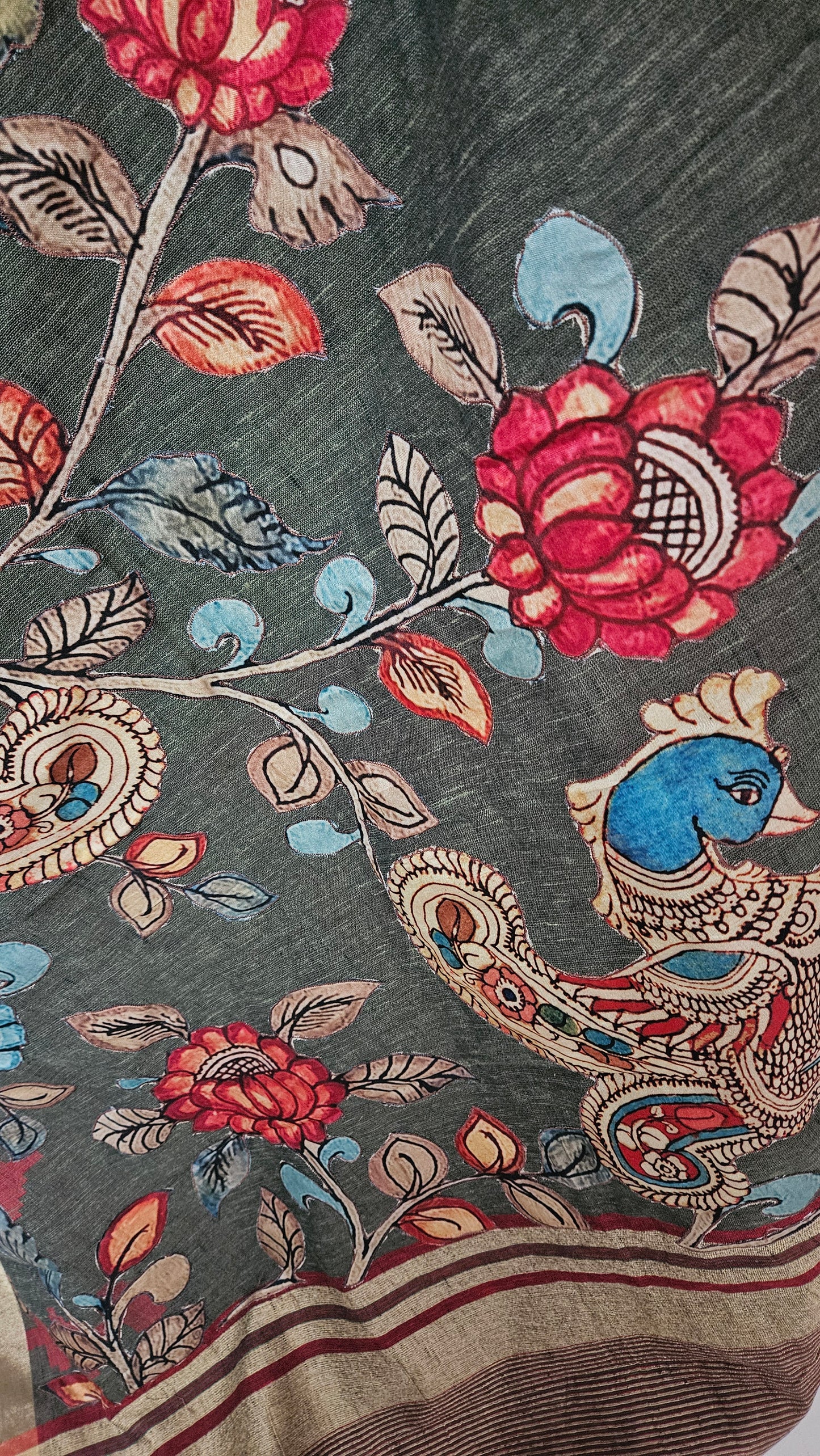 Linen Cotton saree with Original Pen Kalamkari applique work GLK02