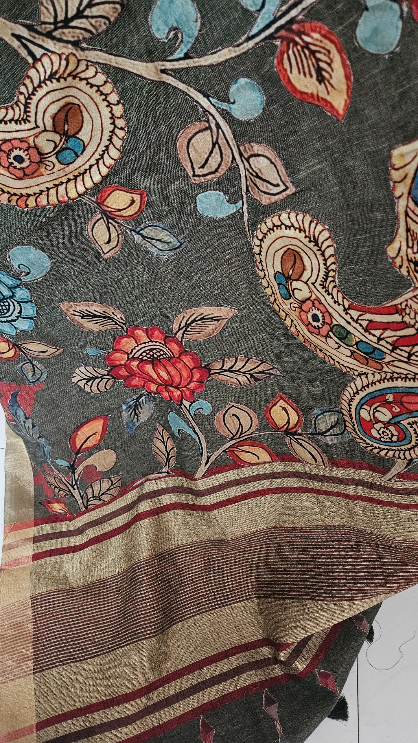 Linen Cotton saree with Original Pen Kalamkari applique work GLK02