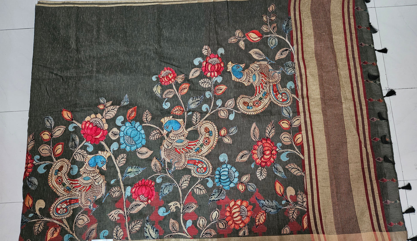 Linen Cotton saree with Original Pen Kalamkari applique work GLK02