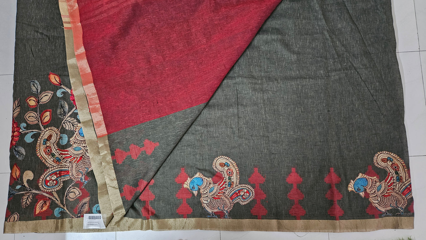 Linen Cotton saree with Original Pen Kalamkari applique work GLK02