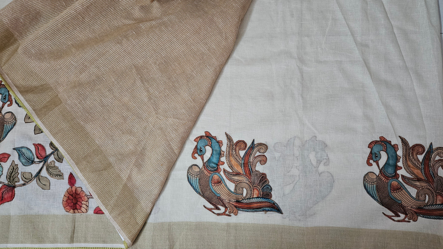 Linen Cotton saree with Original Pen Kalamkari applique work GLK03