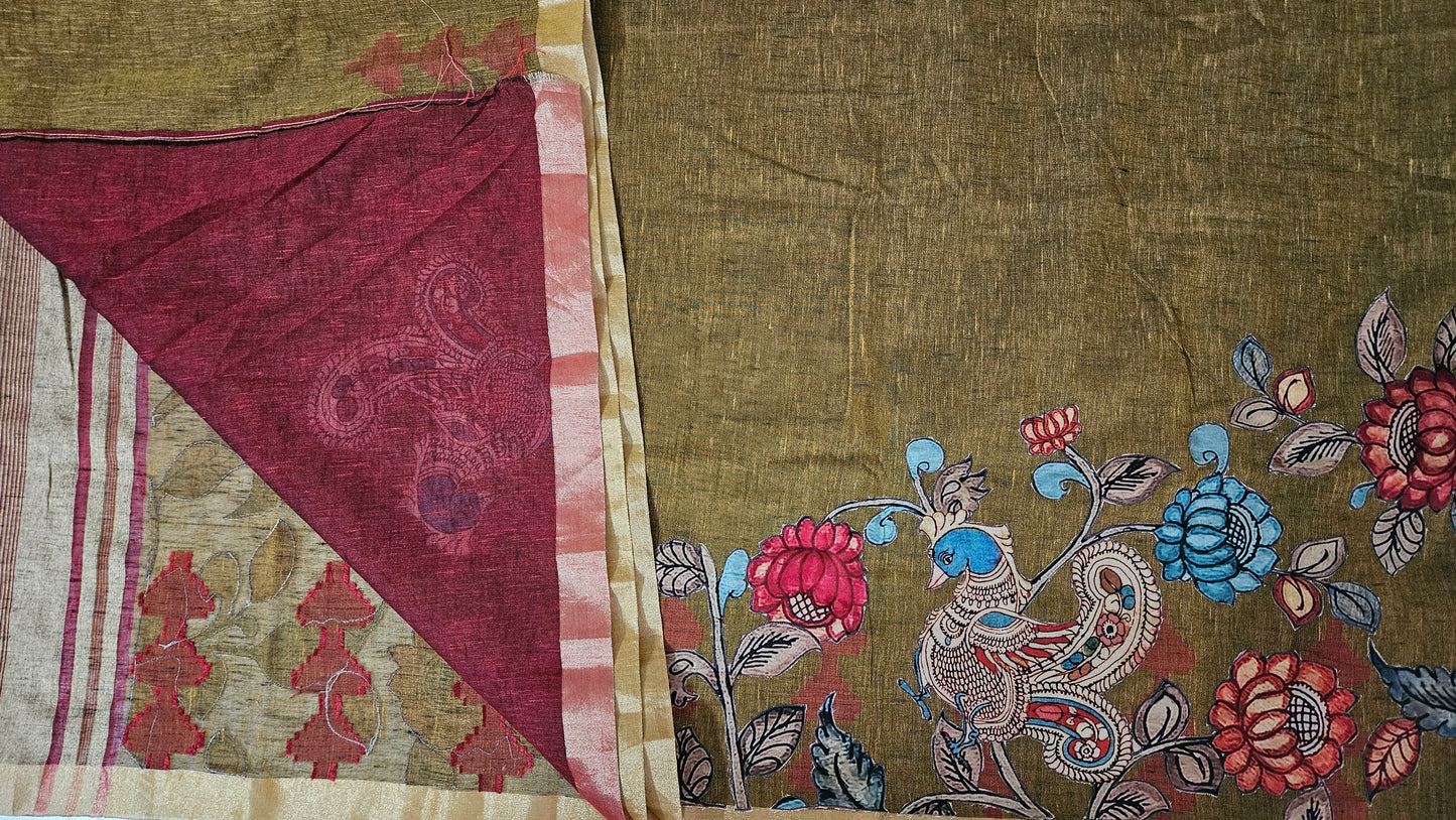 Linen Cotton saree with Original Pen Kalamkari applique work GLK04