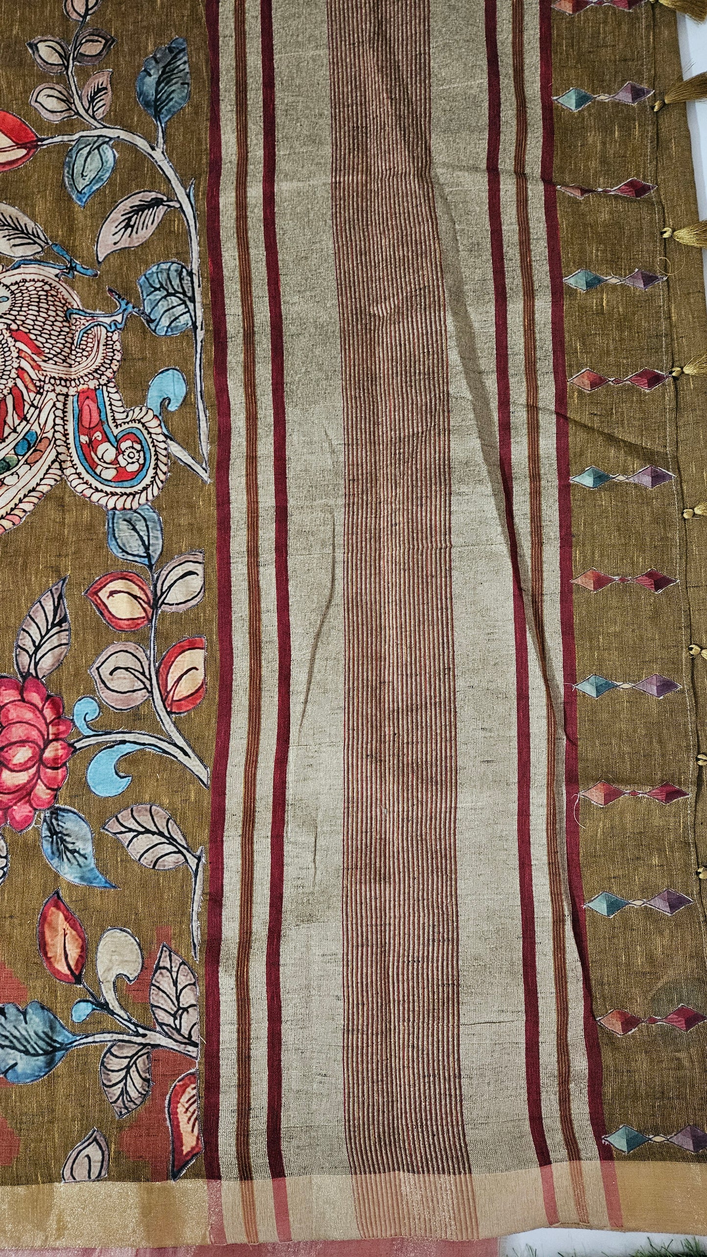 Linen Cotton saree with Original Pen Kalamkari applique work GLK04
