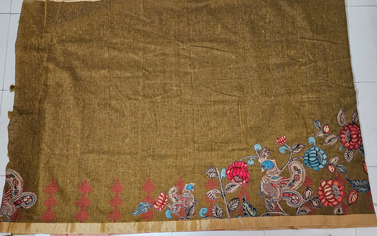 Linen Cotton saree with Original Pen Kalamkari applique work GLK04