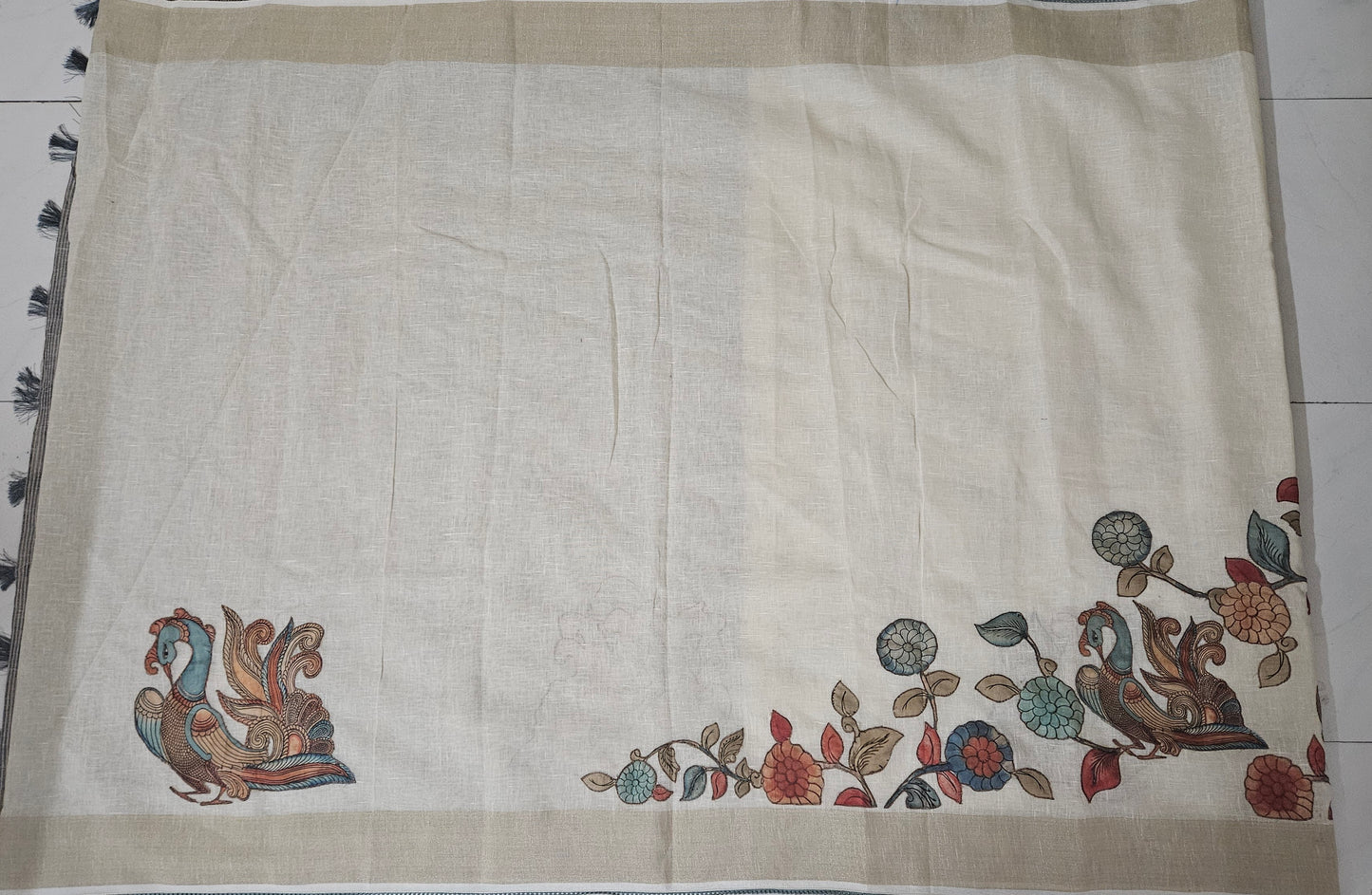 Linen Cotton saree with Original Pen Kalamkari applique work GLK05