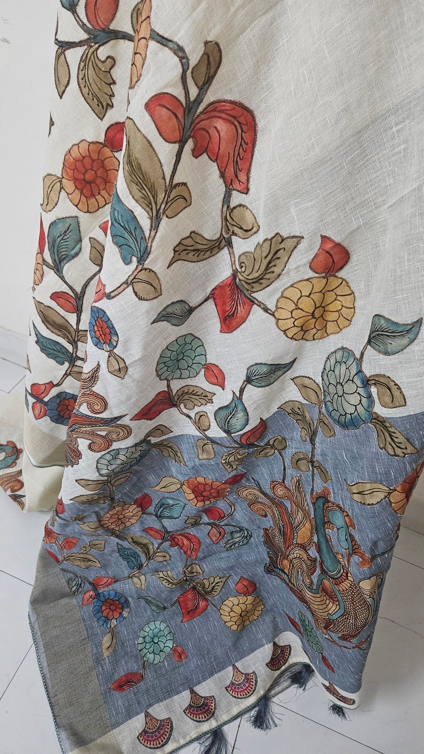 Linen Cotton saree with Original Pen Kalamkari applique work GLK05