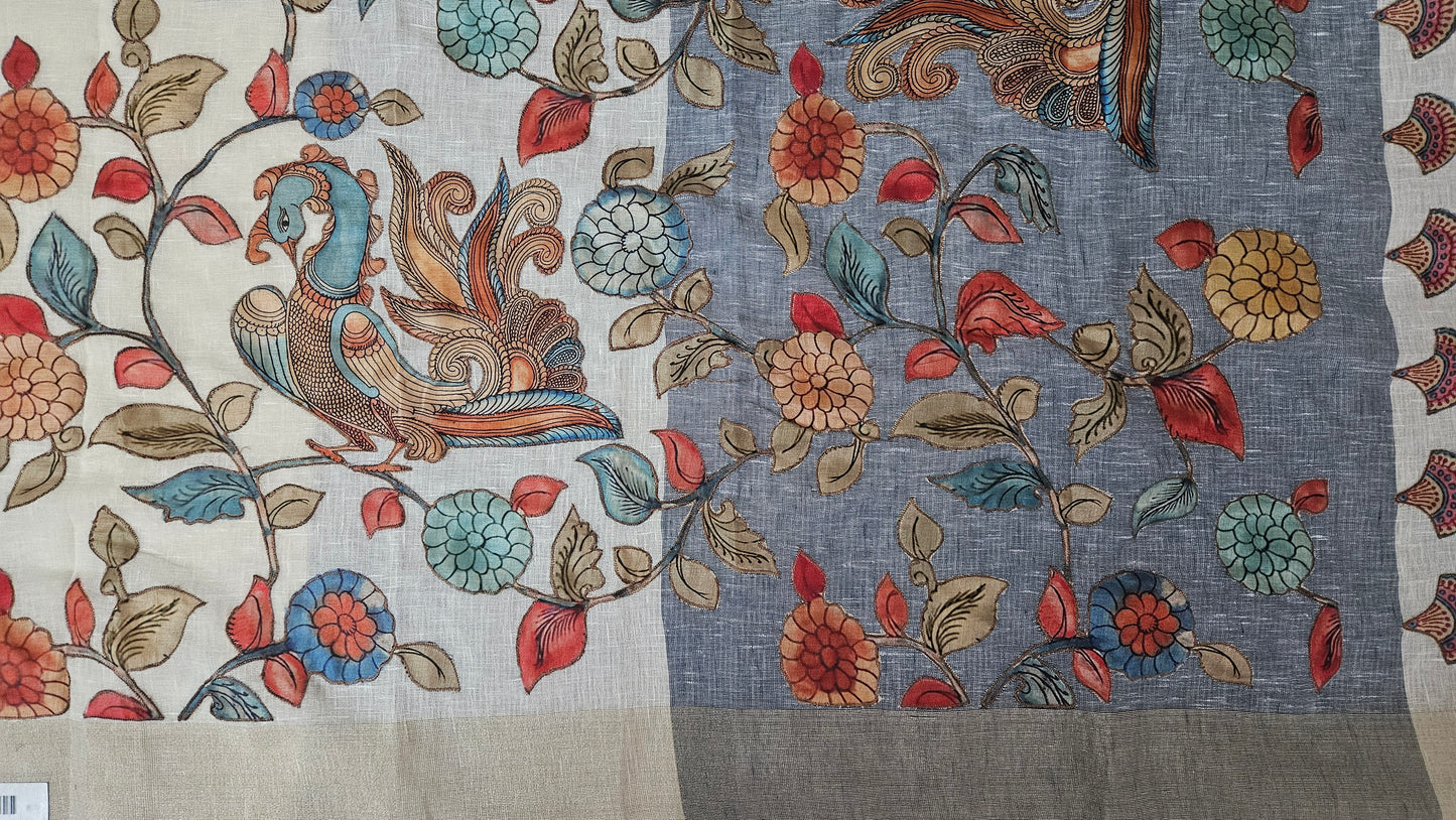 Linen Cotton saree with Original Pen Kalamkari applique work GLK05