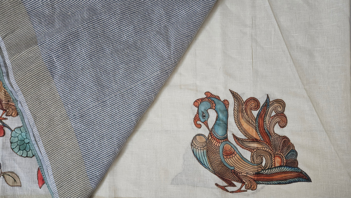 Linen Cotton saree with Original Pen Kalamkari applique work GLK05