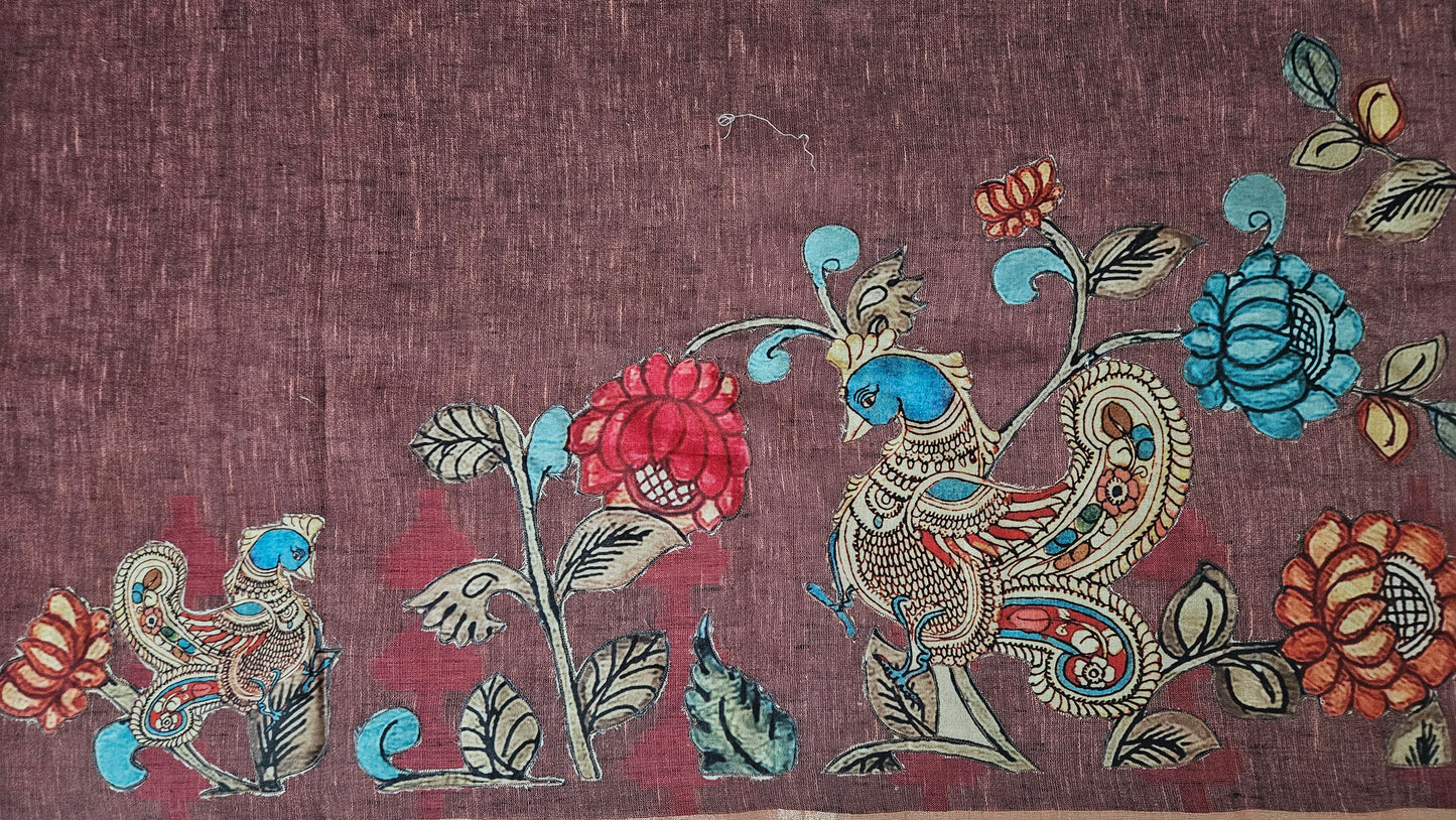 Linen Cotton saree with Original Pen Kalamkari applique work GLK06