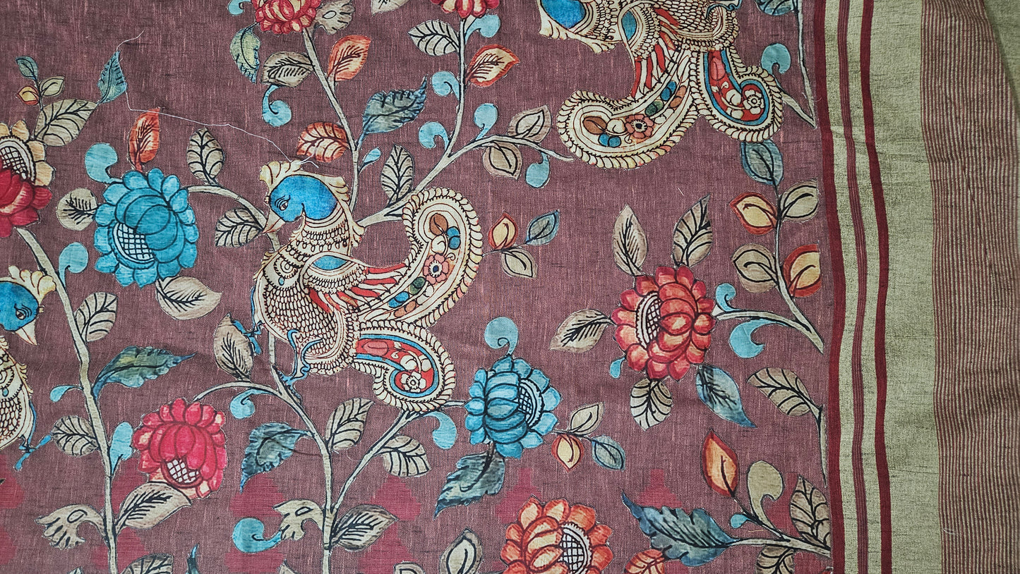 Linen Cotton saree with Original Pen Kalamkari applique work GLK06