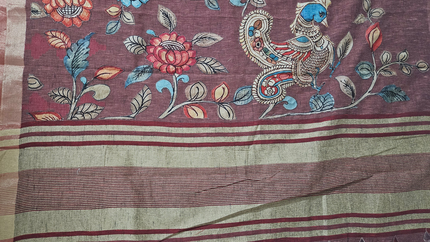Linen Cotton saree with Original Pen Kalamkari applique work GLK06