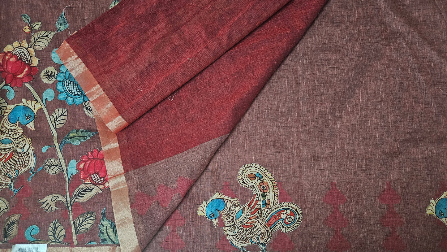 Linen Cotton saree with Original Pen Kalamkari applique work GLK06