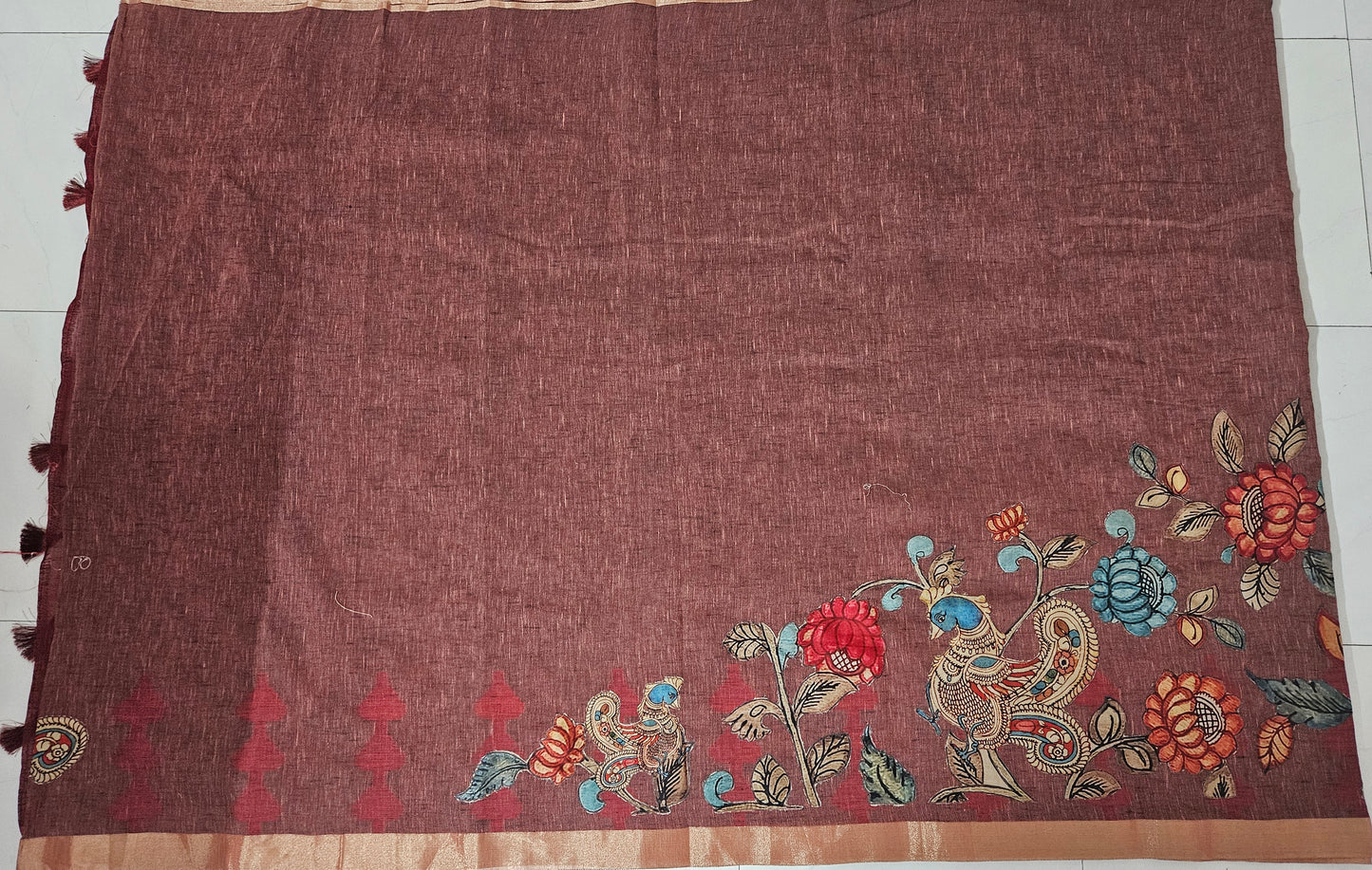 Linen Cotton saree with Original Pen Kalamkari applique work GLK06