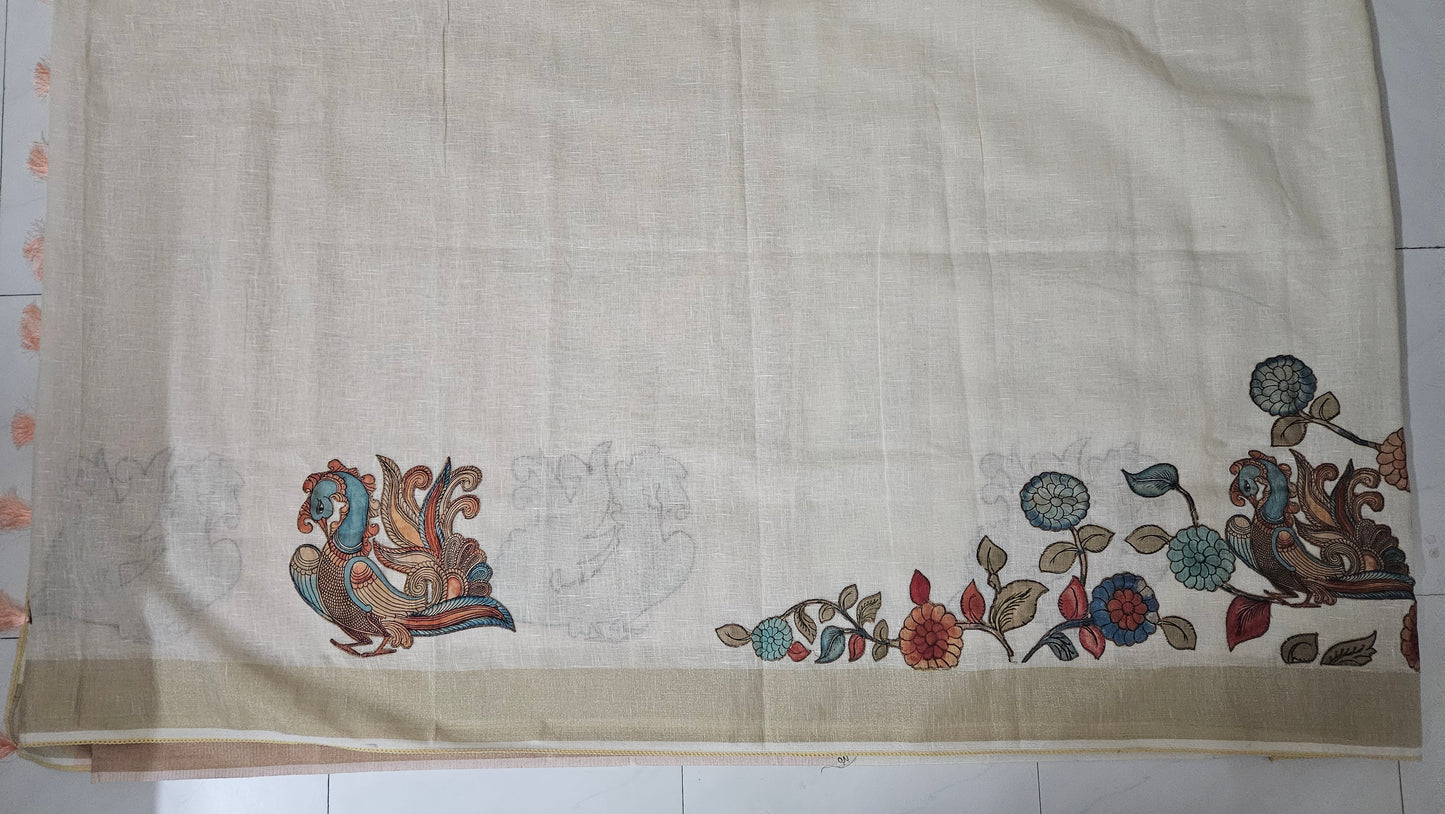 Linen Cotton saree with Original Pen Kalamkari applique work GLK07