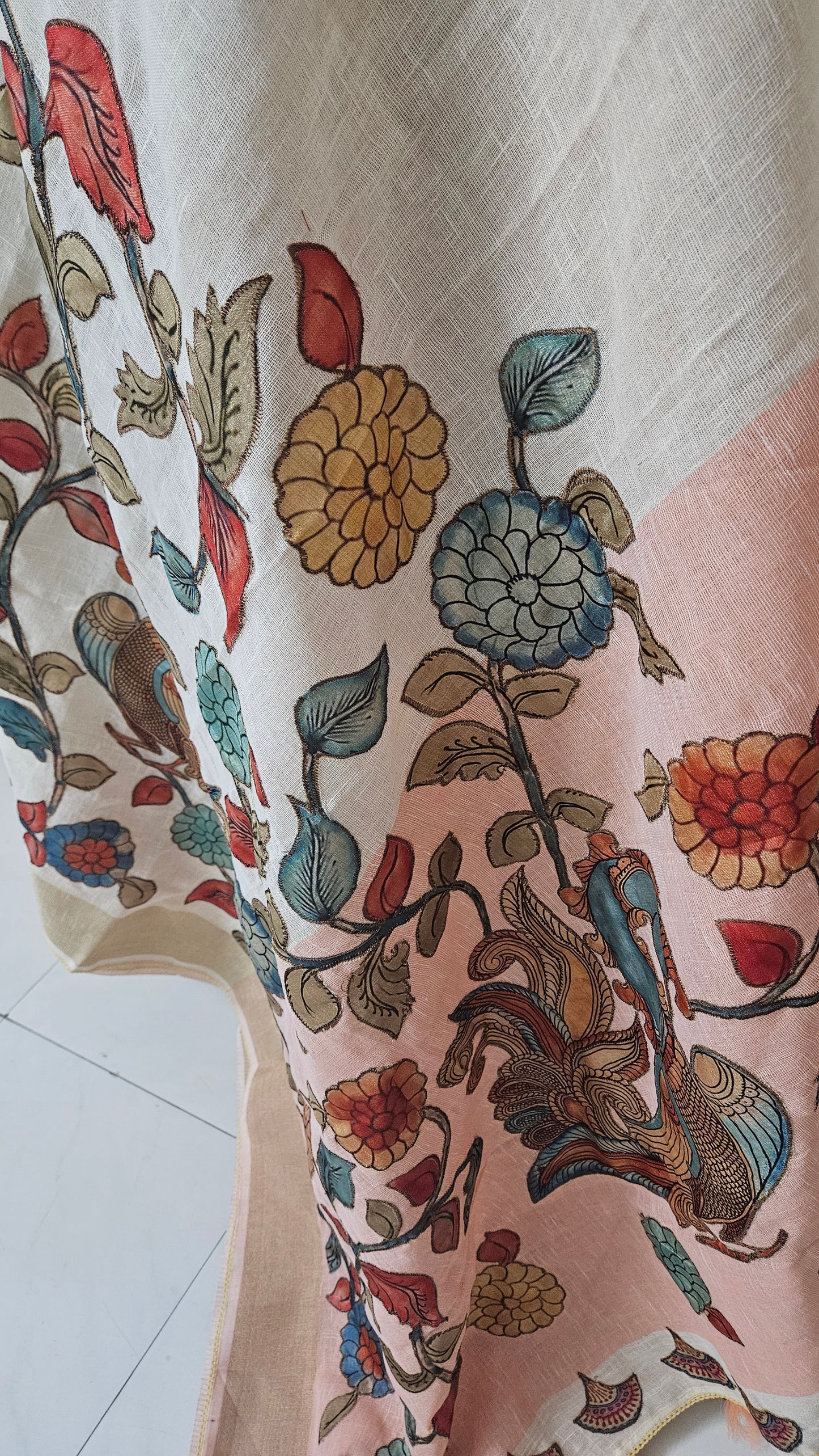 Linen Cotton saree with Original Pen Kalamkari applique work GLK07