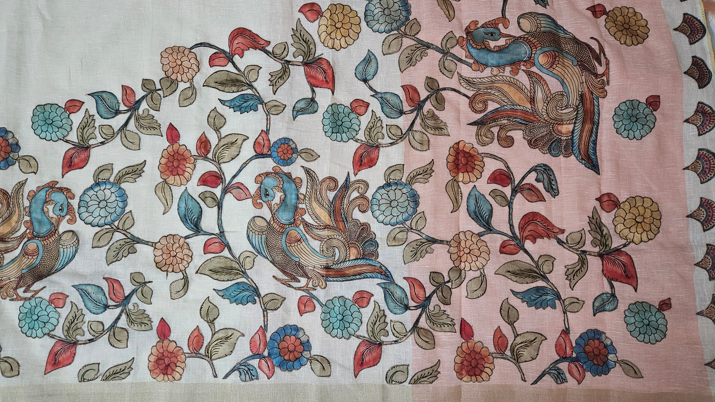 Linen Cotton saree with Original Pen Kalamkari applique work GLK07