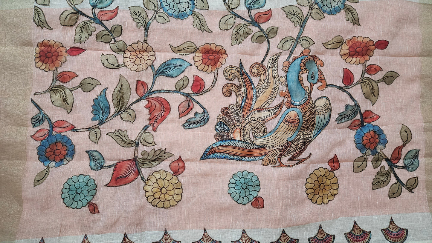 Linen Cotton saree with Original Pen Kalamkari applique work GLK07