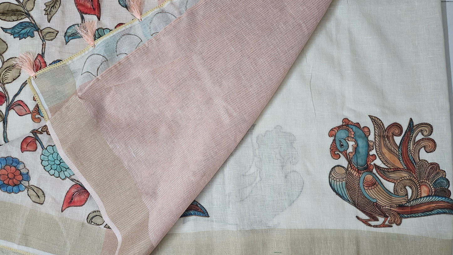 Linen Cotton saree with Original Pen Kalamkari applique work GLK07
