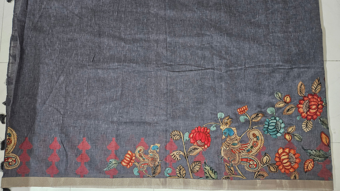 Linen Cotton saree with Original Pen Kalamkari applique work GLK08