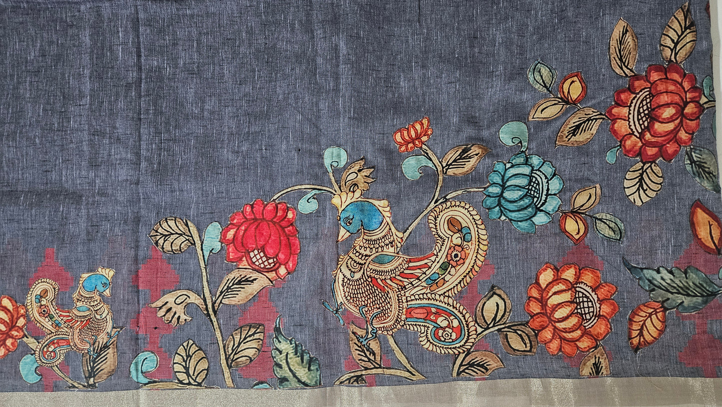 Linen Cotton saree with Original Pen Kalamkari applique work GLK08