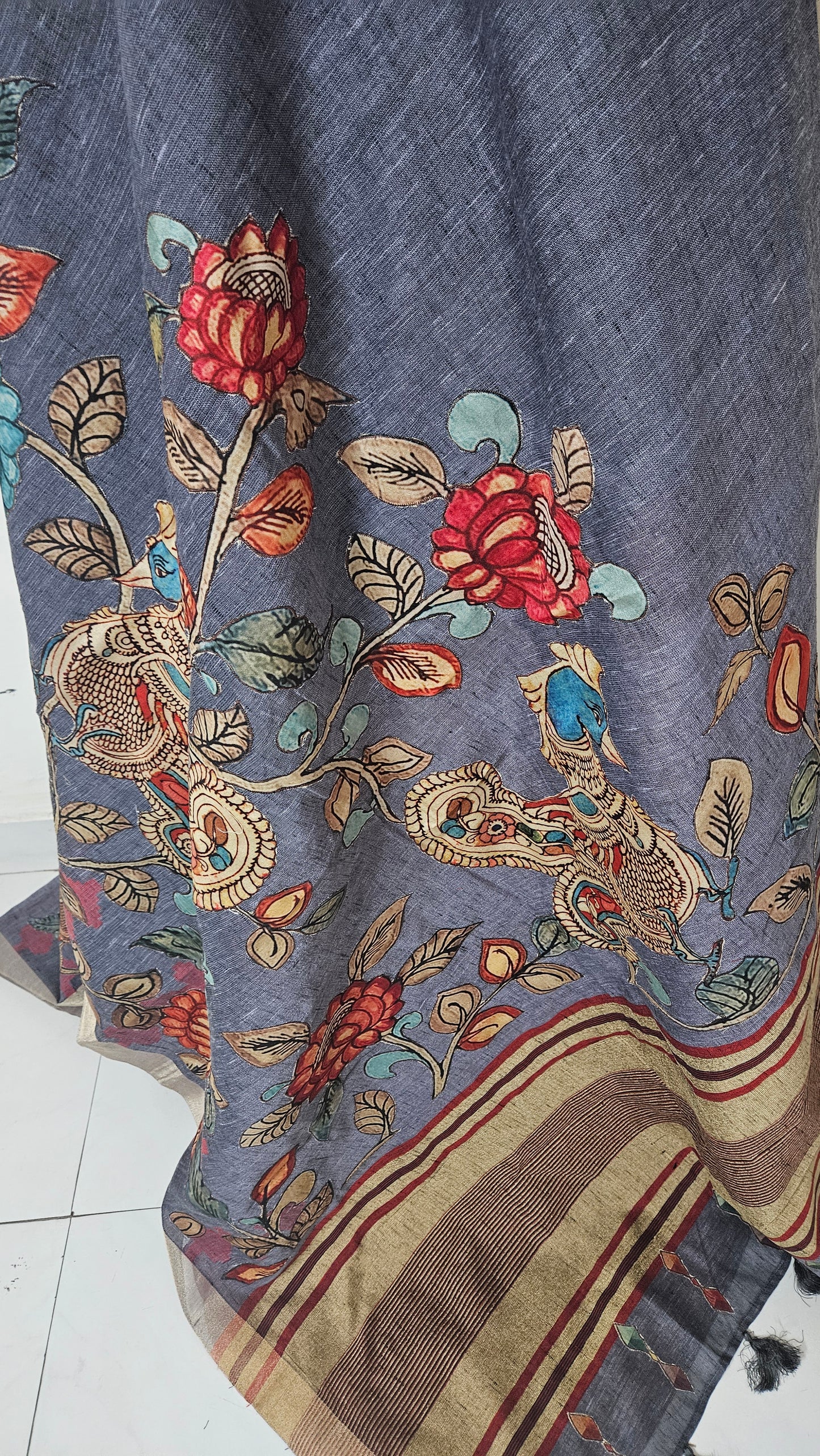 Linen Cotton saree with Original Pen Kalamkari applique work GLK08