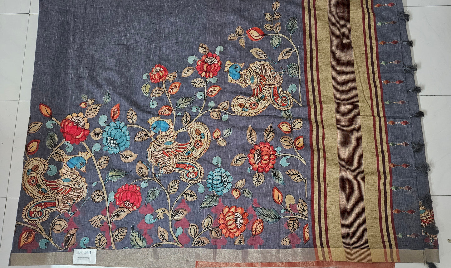 Linen Cotton saree with Original Pen Kalamkari applique work GLK08