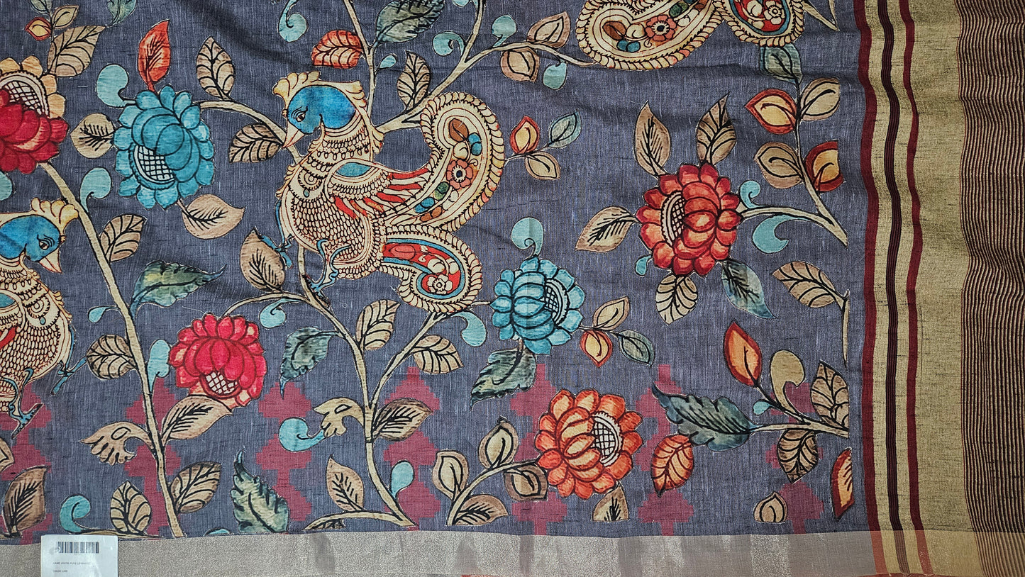 Linen Cotton saree with Original Pen Kalamkari applique work GLK08