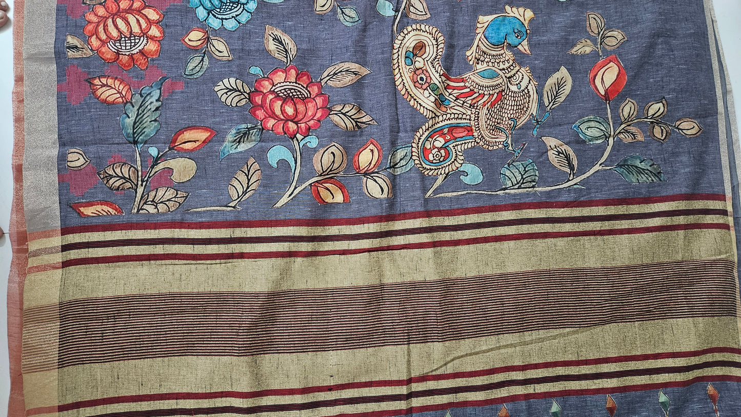 Linen Cotton saree with Original Pen Kalamkari applique work GLK08