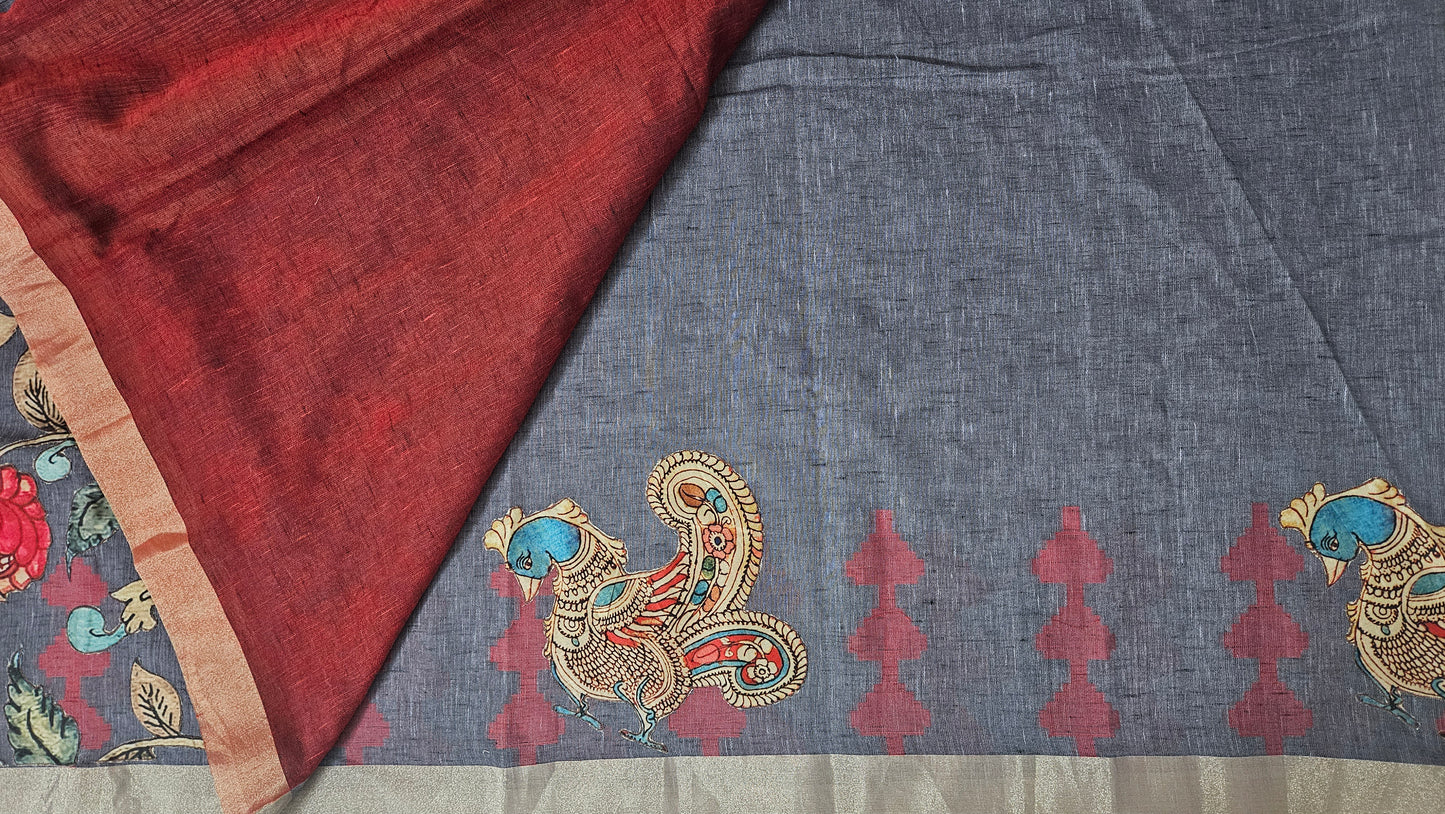 Linen Cotton saree with Original Pen Kalamkari applique work GLK08