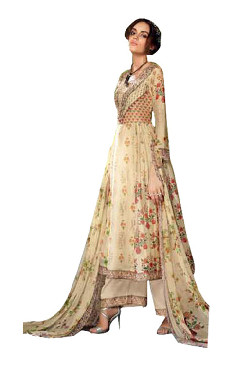 Designer Beige Kora Silk Printed Dress Material with Chiffon Dupatta GAN25