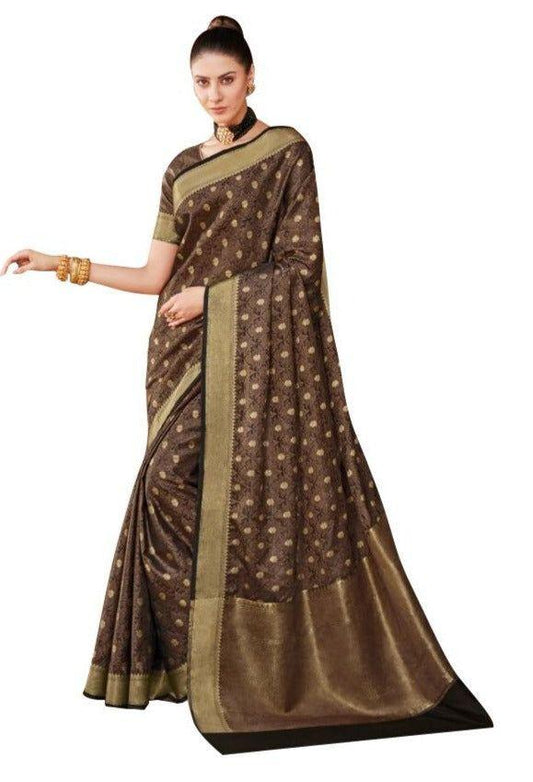 Chocolate Brown Dupion Silk Weaving Traditional Zari Work Saree