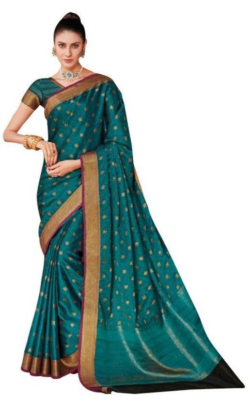 Teal Green Dupion Silk Weaving Traditional Zari Work Saree