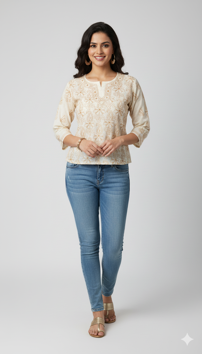 Beige Cotton Stitched Top Dress Size 40 ACC24