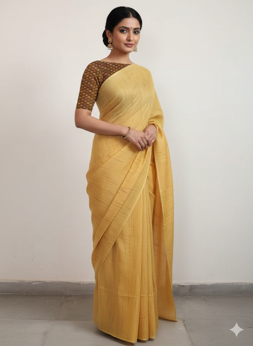 Exclusive Yellow Katan Ghicha Saree with Pure Ikkat Silk Blouse KG01