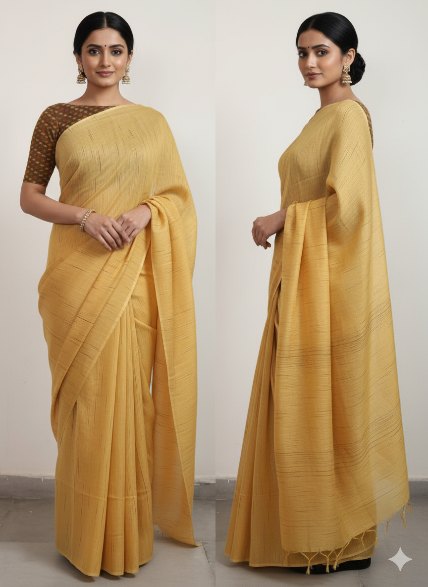 Exclusive Yellow Katan Ghicha Saree with Pure Ikkat Silk Blouse KG01