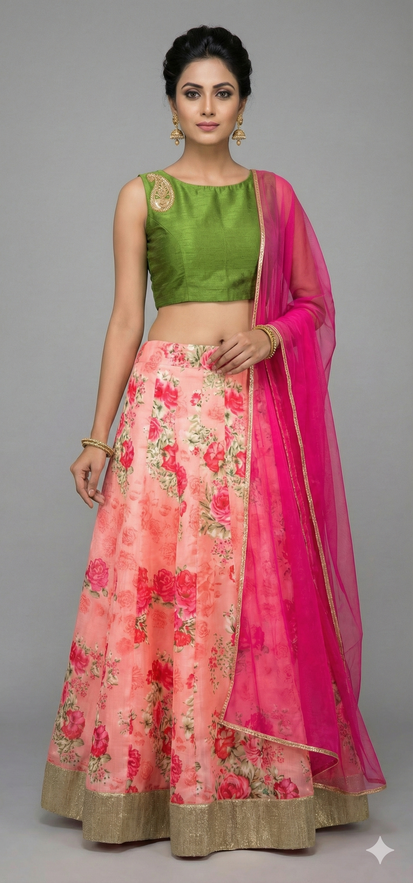 Peach Floral Lehenga Choli with Raw Silk Crop top and Dupatta ALC05