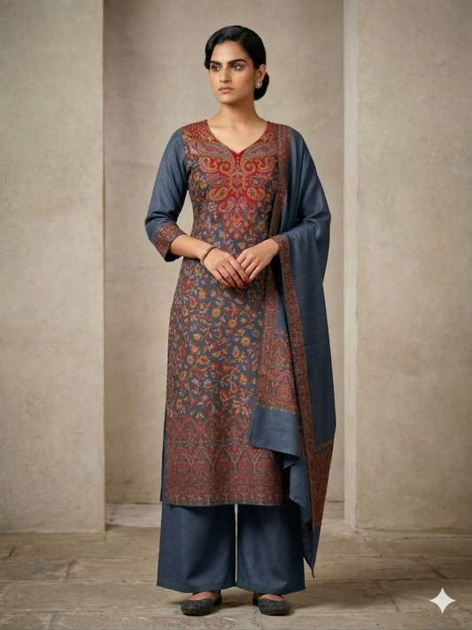 Gray Pashmina Kani Weave Salwar Kameez Dress Material C322