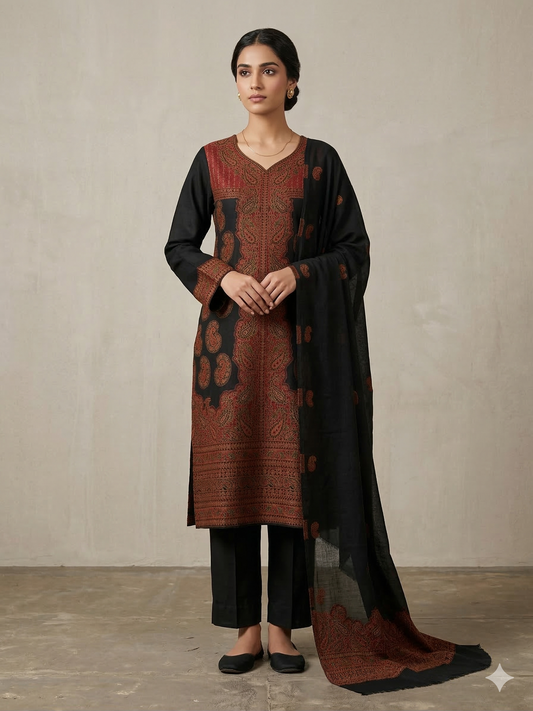 Black Fine Pashmina Kani Zari Weave Salwar Kameez Dress Material SH13