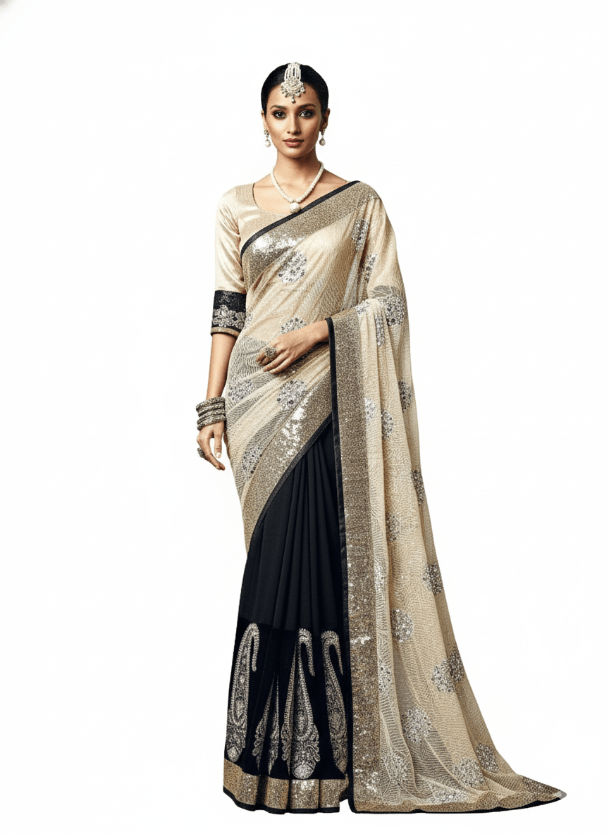 Black Beige Designer Net Georgette Saree with Sequin Work & Contrast Border