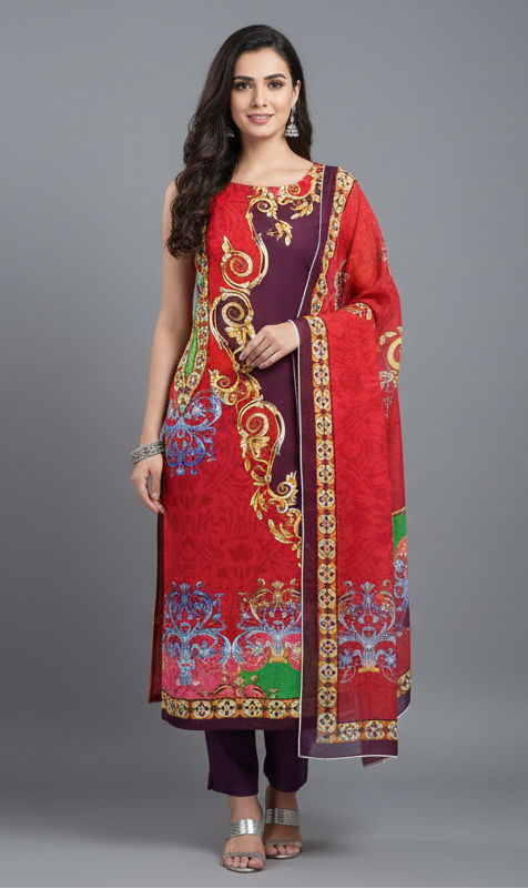 Purple Pink Velvet Printed Dress Material V101