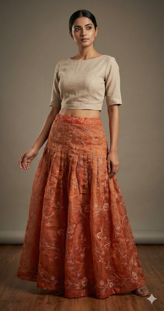 Designer Rust Orange Organza Embroidered Ready To Wear Lehenga Skirt Only ALC30