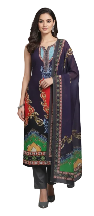 Blue Multi Velvet Printed Dress Material V104